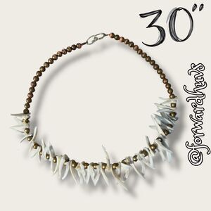 30-Inch Brutalist Jewelry Necklace with Jagged Shells, Brass and Pink Beads